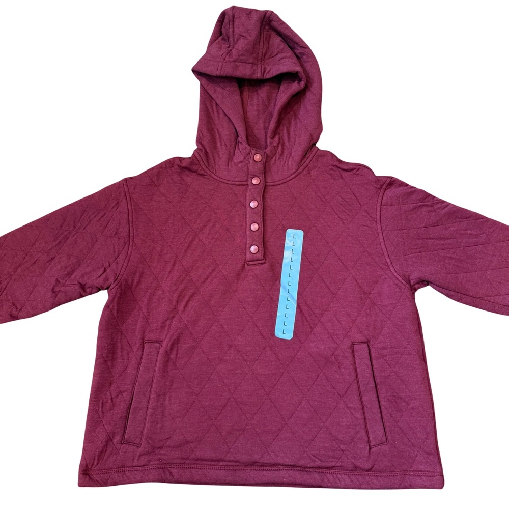 Lands End Womens Large Burgundy Quilted Snap Henley Hooded Sweatshirt Top